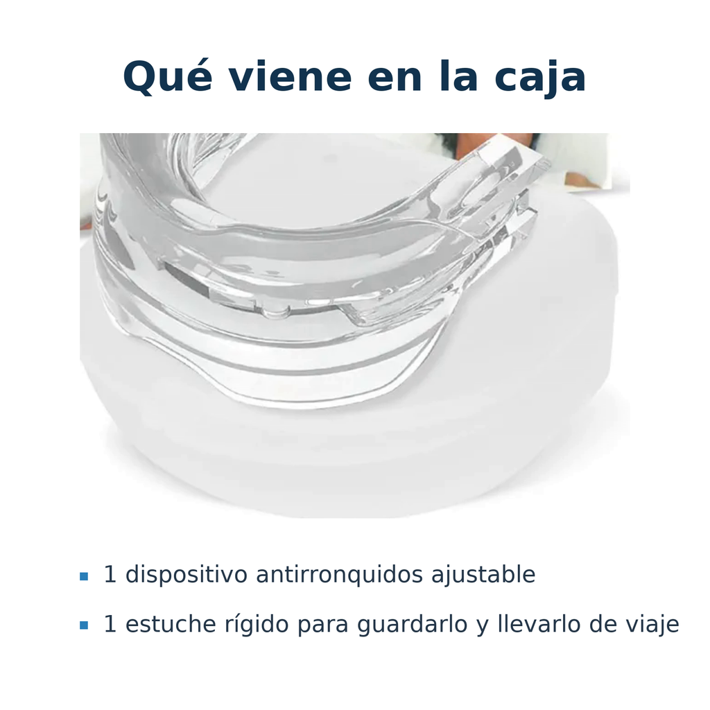Contenido de la caja: dispositivo antirronquidos y estuche rígido
