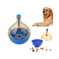 Dispensador automatico de alimento azul con perro al lado